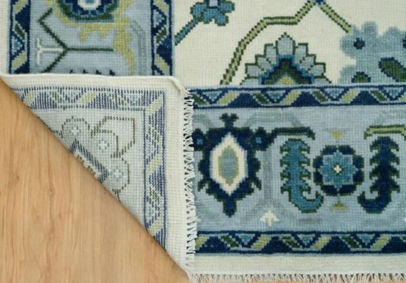 Hand-Knotted Oushak Wool Rug - Cream and Sky Blue Oriental Style