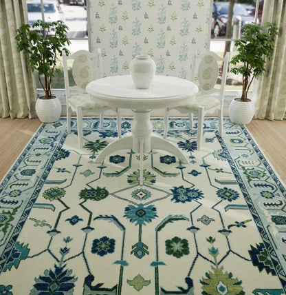Hand-Knotted Oushak Wool Rug - Cream and Sky Blue Oriental Style