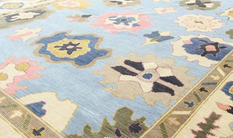 Hand-Knotted Wool Oushak Rug - Grey Floral Turkish Carpet