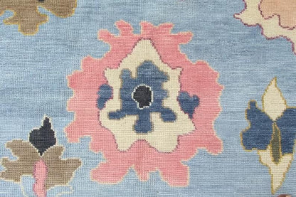Hand-Knotted Wool Oushak Rug - Grey Floral Turkish Carpet