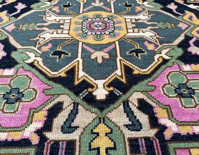 Hand-Knotted Oushak Wool Rug - Blue Turkish Floral Rug