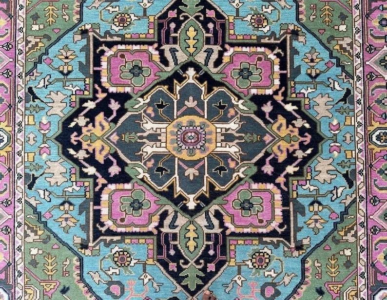 Hand-Knotted Oushak Wool Rug - Blue Turkish Floral Rug