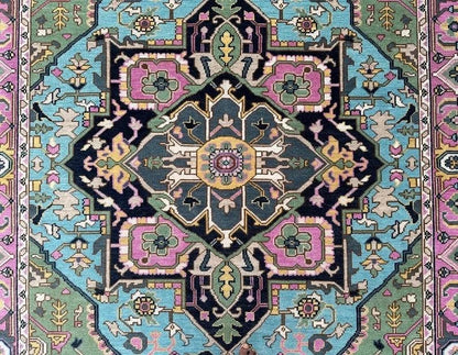 Hand-Knotted Oushak Wool Rug - Blue Turkish Floral Rug