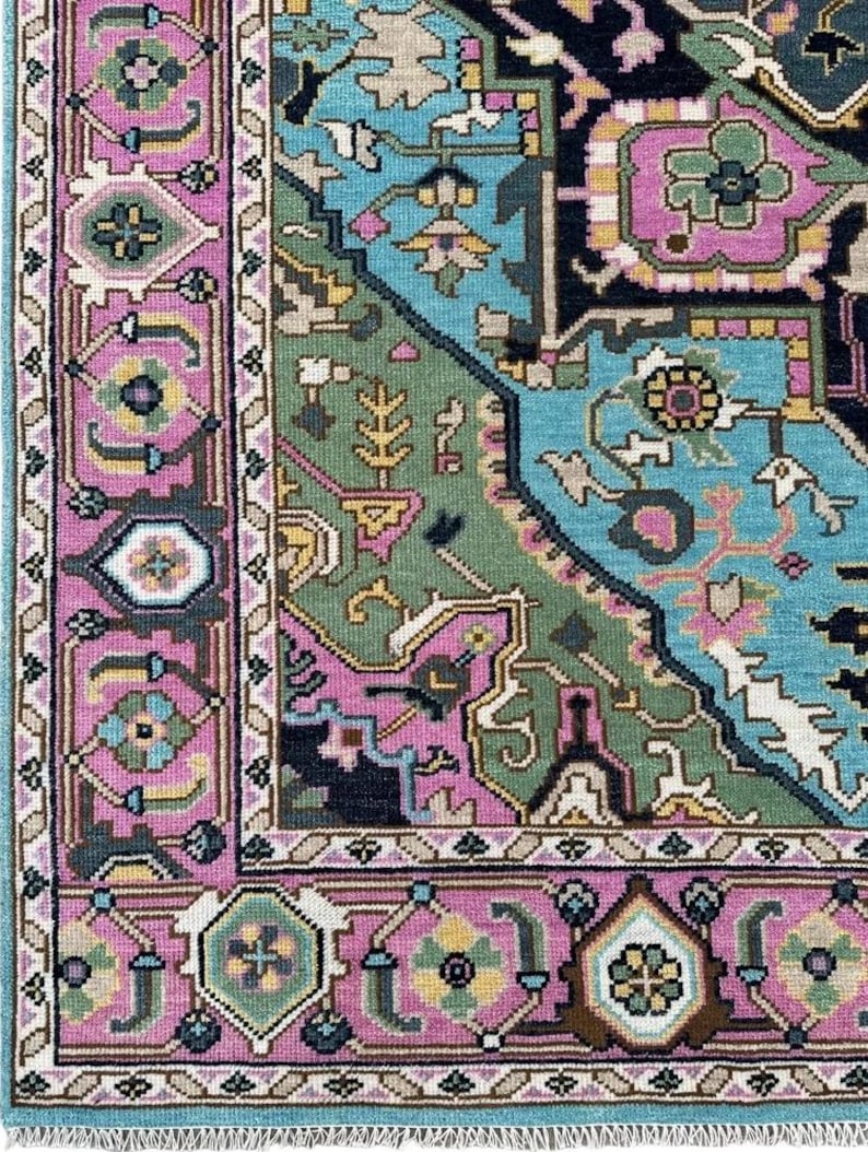 Hand-Knotted Oushak Wool Rug - Blue Turkish Floral Rug