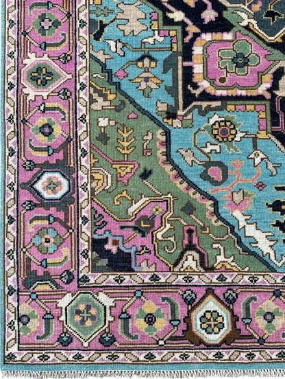 Hand-Knotted Oushak Wool Rug - Blue Turkish Floral Rug