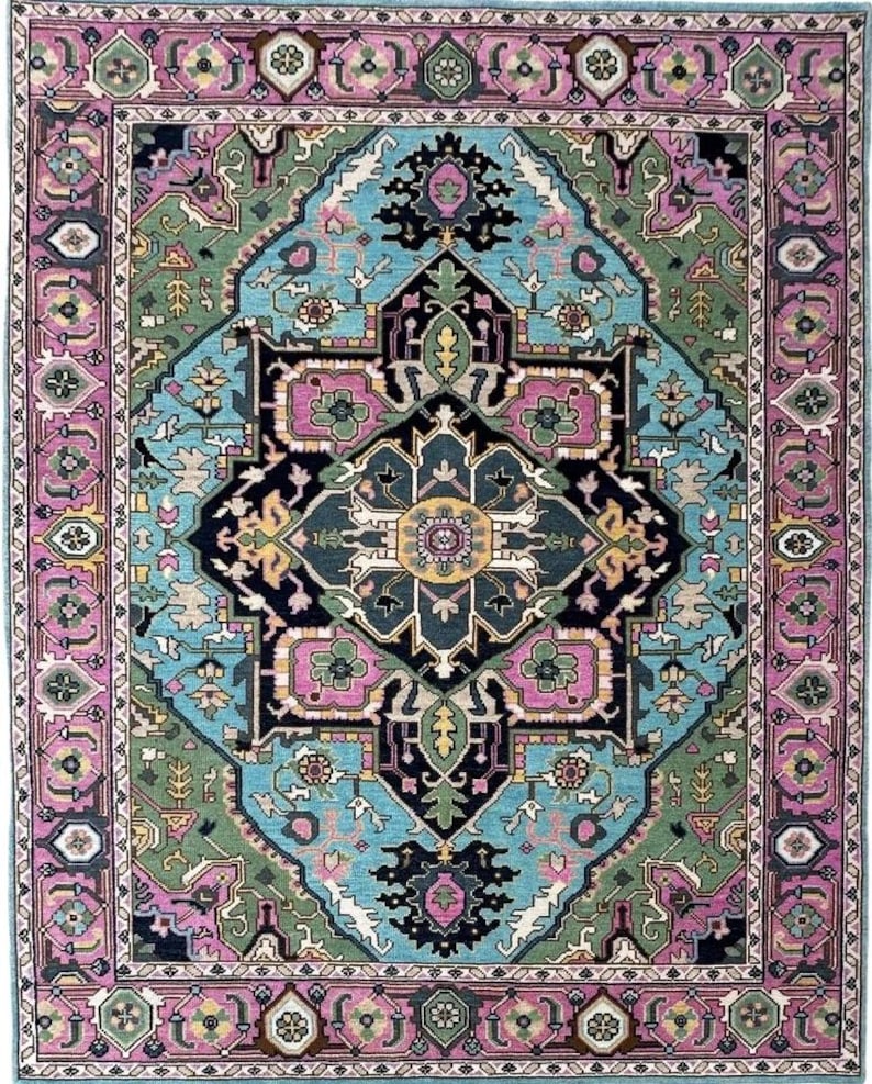 Hand-Knotted Oushak Wool Rug - Blue Turkish Floral Rug