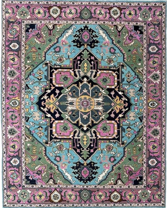 Hand-Knotted Oushak Wool Rug - Blue Turkish Floral Rug