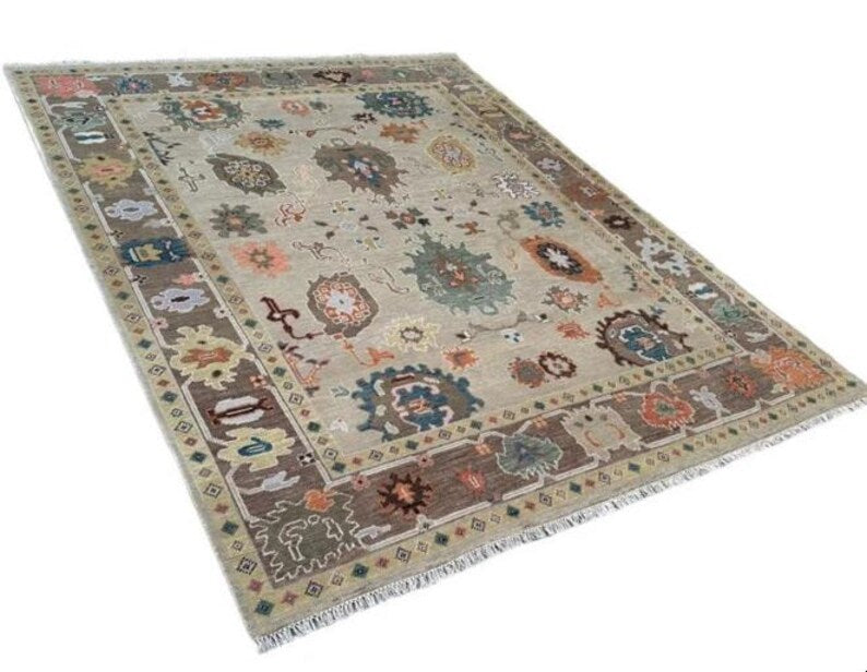 Hand-Knotted Wool Oushak Rug - Grey Turkish Antique Style
