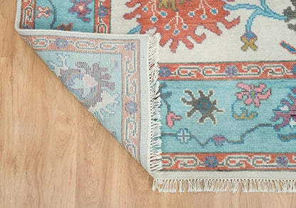 Handmade Oushak Wool Rug - Bold Floral Geometric Design