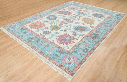 Handmade Oushak Wool Rug - Bold Floral Geometric Design