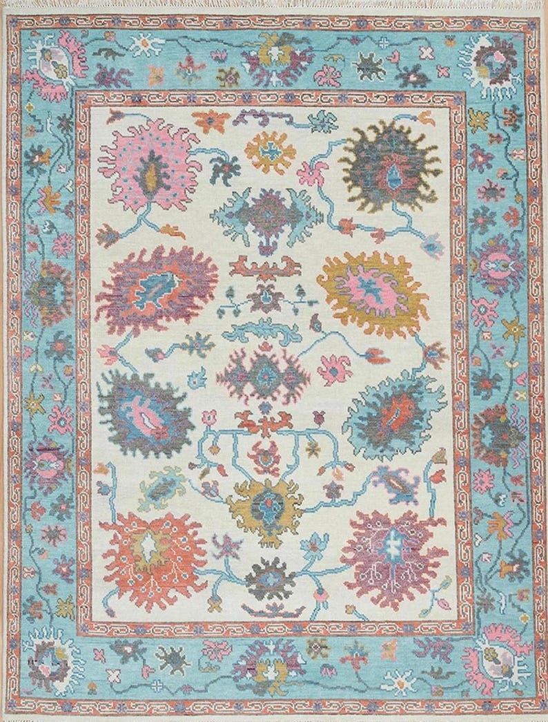 Handmade Oushak Wool Rug - Bold Floral Geometric Design