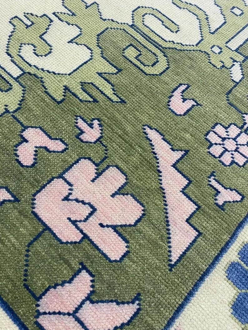 Blue Oushak Rug: Hand-Knotted Wool & Cotton Turkish Rug