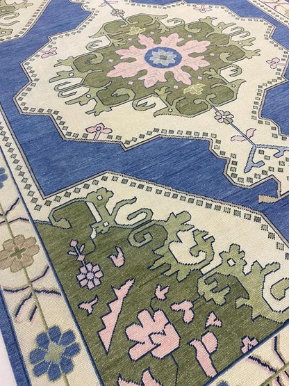 Blue Oushak Rug: Hand-Knotted Wool & Cotton Turkish Rug