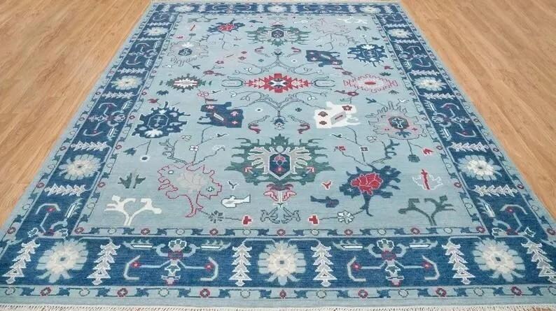 Hand-Knotted Wool Turkish Runner Rug: Light Blue Oushak Farmhouse Carpet