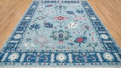 Hand-Knotted Wool Turkish Runner Rug: Light Blue Oushak Farmhouse Carpet