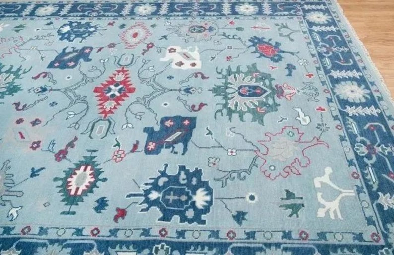 Hand-Knotted Wool Turkish Runner Rug: Light Blue Oushak Farmhouse Carpet