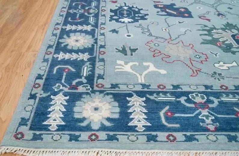 Hand-Knotted Wool Turkish Runner Rug: Light Blue Oushak Farmhouse Carpet