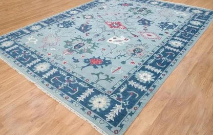 Hand-Knotted Wool Turkish Runner Rug: Light Blue Oushak Farmhouse Carpet