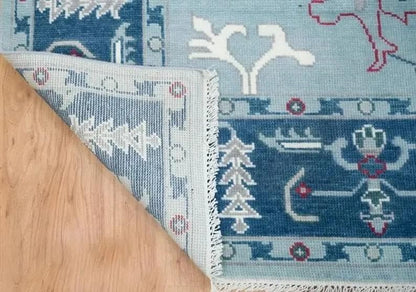 Hand-Knotted Wool Turkish Runner Rug: Light Blue Oushak Farmhouse Carpet
