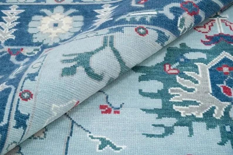 Hand-Knotted Wool Turkish Runner Rug: Light Blue Oushak Farmhouse Carpet
