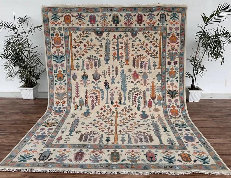 Hand-Knotted Wool Oushak Rug - Tree of Life Design, Ivory Cream