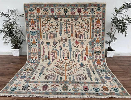 Hand-Knotted Wool Oushak Rug - Tree of Life Design, Ivory Cream