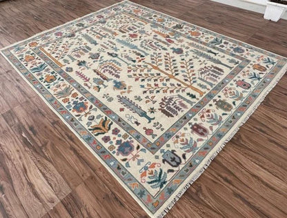 Hand-Knotted Wool Oushak Rug - Tree of Life Design, Ivory Cream