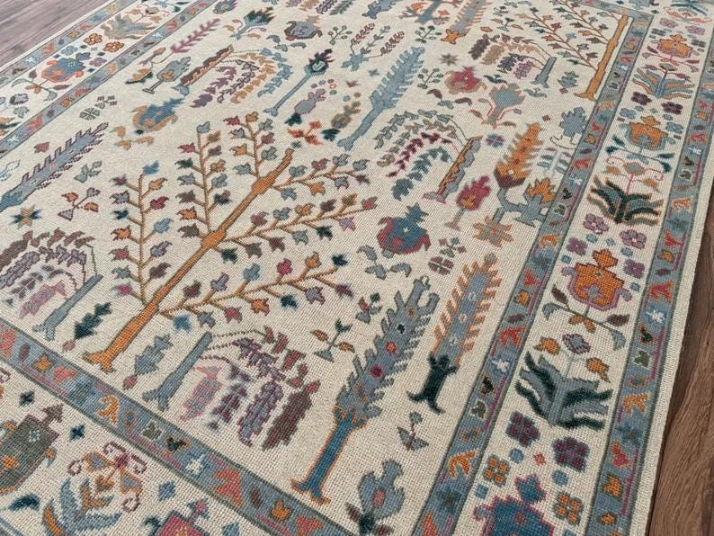 Hand-Knotted Wool Oushak Rug - Tree of Life Design, Ivory Cream