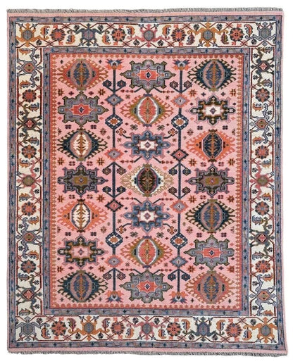 Hand Knotted Pink Oushak Rug - Handmade Turkish Wool Geometric Carpet