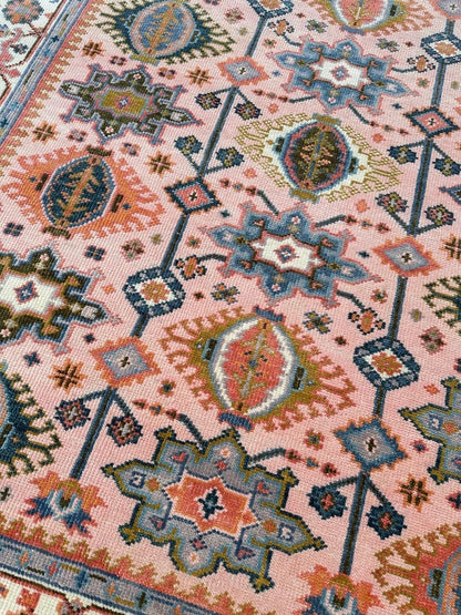 Hand Knotted Pink Oushak Rug - Handmade Turkish Wool Geometric Carpet