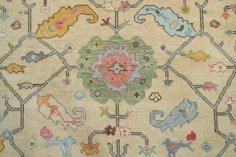Beige Oushak Rug: Hand-Knotted Turkish Wool Rug