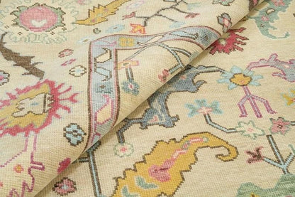 Beige Oushak Rug: Hand-Knotted Turkish Wool Rug