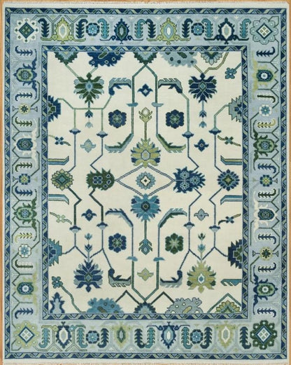 Hand-Knotted Oushak Wool Rug - Cream and Sky Blue Oriental Style