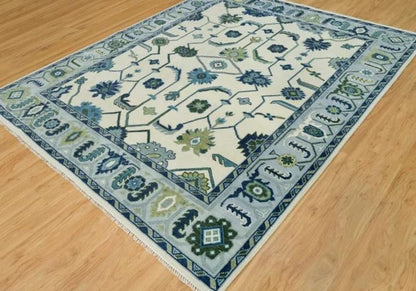 Hand-Knotted Oushak Wool Rug - Cream and Sky Blue Oriental Style