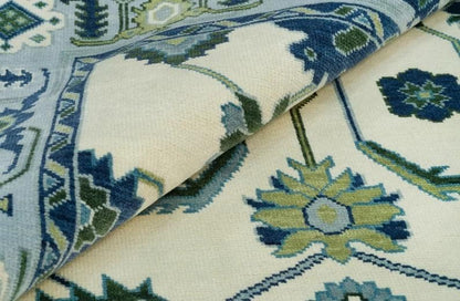 Hand-Knotted Oushak Wool Rug - Cream and Sky Blue Oriental Style