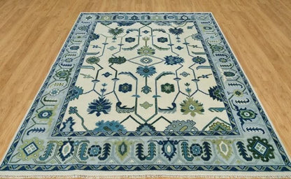 Hand-Knotted Oushak Wool Rug - Cream and Sky Blue Oriental Style