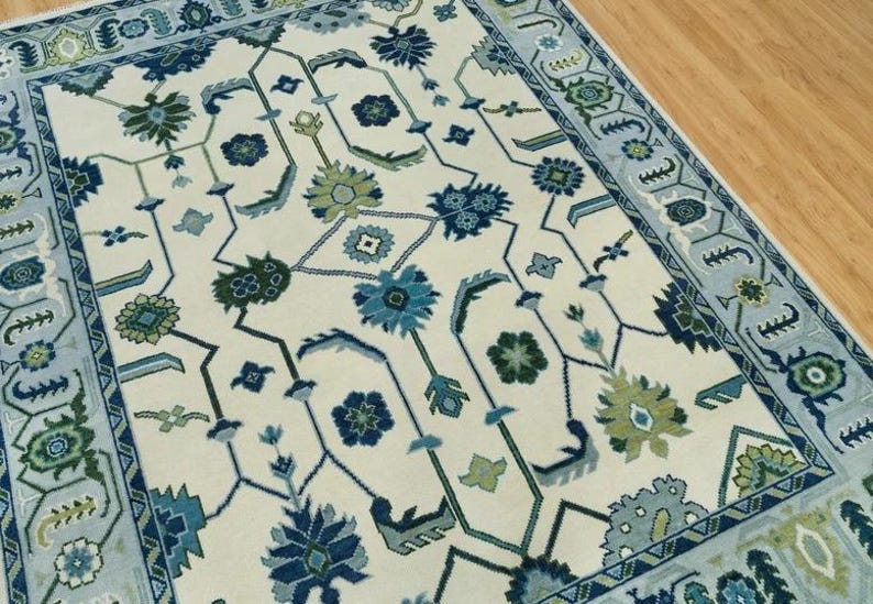 Hand-Knotted Oushak Wool Rug - Cream and Sky Blue Oriental Style