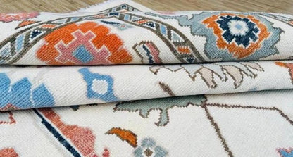 Hand-Knotted Ivory Oushak Rug: Pastel Floral Wool Carpet