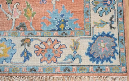 Handmade Oushak Wool Rug - Peach, Ivory & Brown Floral Medallion