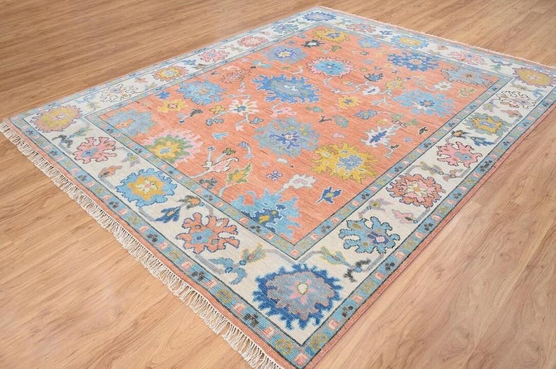 Handmade Oushak Wool Rug - Peach, Ivory & Brown Floral Medallion
