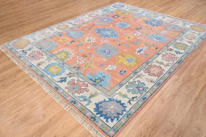 Handmade Oushak Wool Rug - Peach, Ivory & Brown Floral Medallion