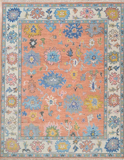 Handmade Oushak Wool Rug - Peach, Ivory & Brown Floral Medallion