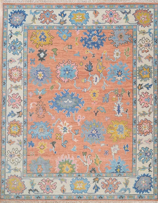 Handmade Oushak Wool Rug - Peach, Ivory & Brown Floral Medallion