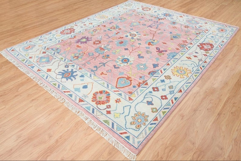 Hand-Knotted Oushak Wool Rug: Pink Beige Pastel Area Rug