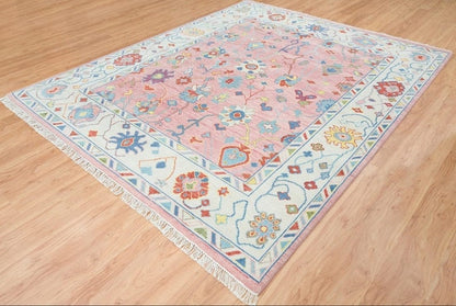 Hand-Knotted Oushak Wool Rug: Pink Beige Pastel Area Rug
