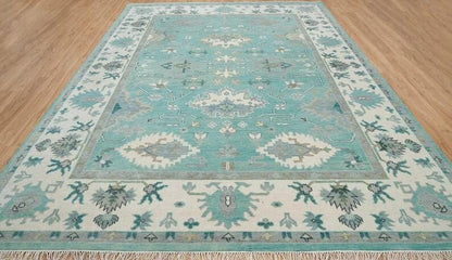Aqua Oushak Rug Handmade Turquoise Blue Cream Border Area Rug - Hand Knotted Wool Rug, For Living Room Office Bedroom