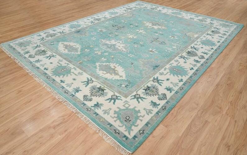 Aqua Oushak Rug Handmade Turquoise Blue Cream Border Area Rug - Hand Knotted Wool Rug, For Living Room Office Bedroom