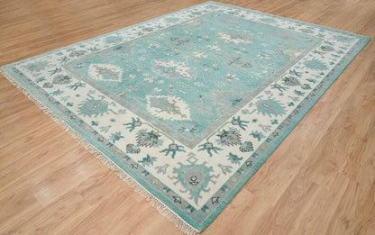 Aqua Oushak Rug Handmade Turquoise Blue Cream Border Area Rug - Hand Knotted Wool Rug, For Living Room Office Bedroom