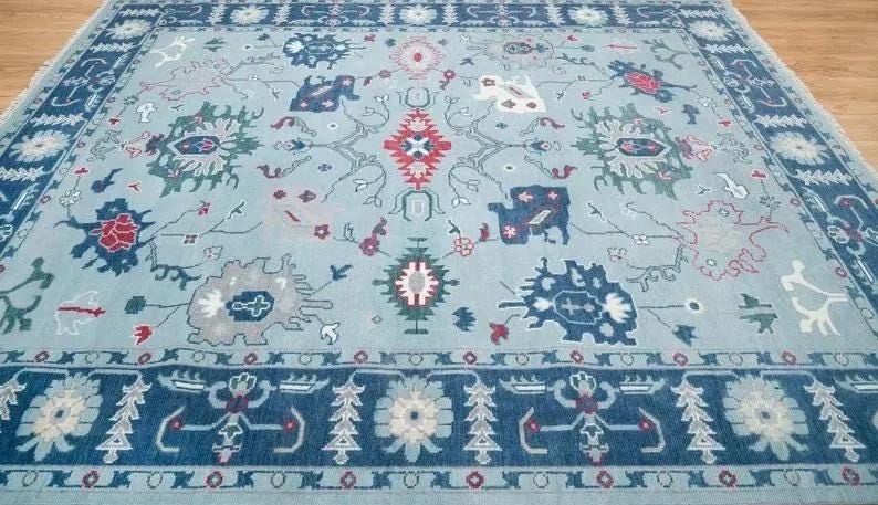Hand-Knotted Wool Turkish Runner Rug: Light Blue Oushak Farmhouse Carpet