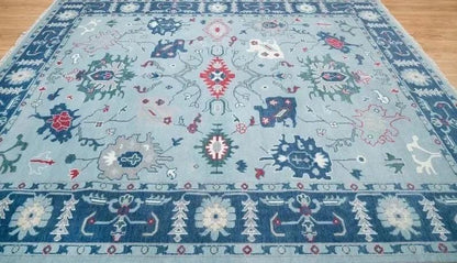 Hand-Knotted Wool Turkish Runner Rug: Light Blue Oushak Farmhouse Carpet